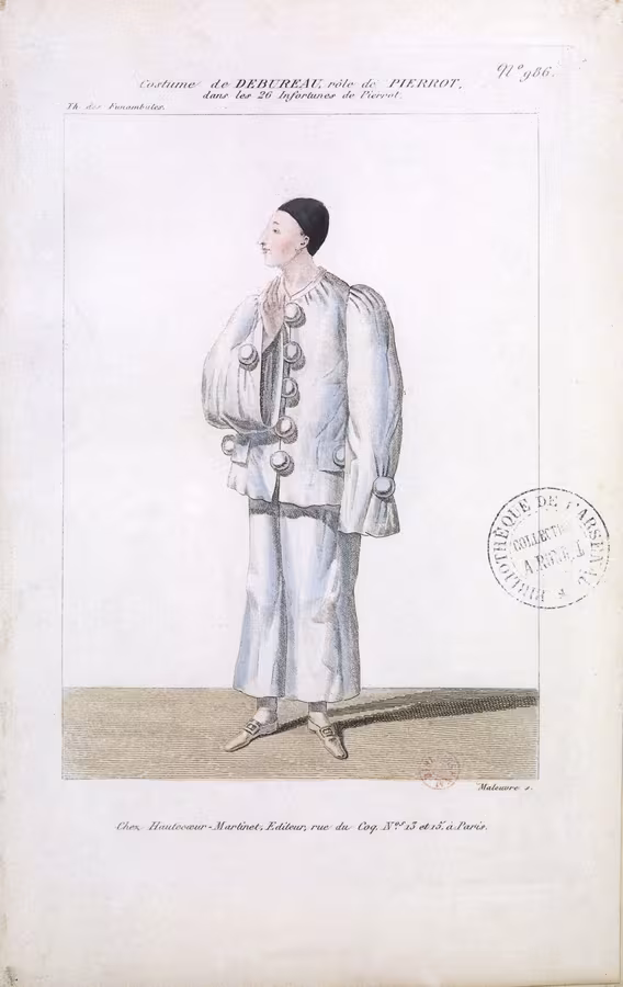 Gravure : le mime Deburau dans son costume blanc de Pierrot