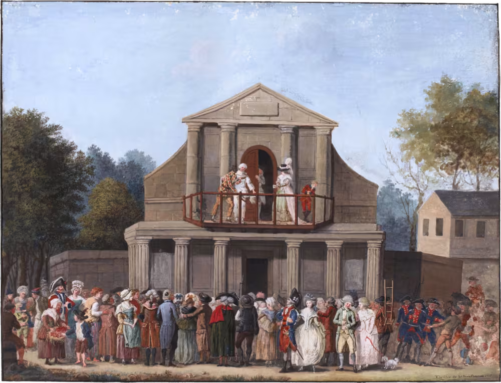 Colour engraving: a crowd in front of a fairground theatre at the Saint-Laurent fair, with actors on a balcony