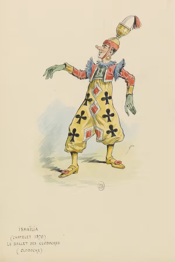 Dessin en couleur : un danseur des Clodoches en costume de clown à trèfles, coiffé d'un bonnet pointu, en pleine figure