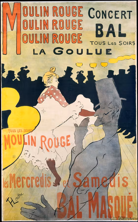 Affiche de Toulouse-Lautrec : La Goulue dansant au centre, Valentin le Désossé en silhouette au premier plan